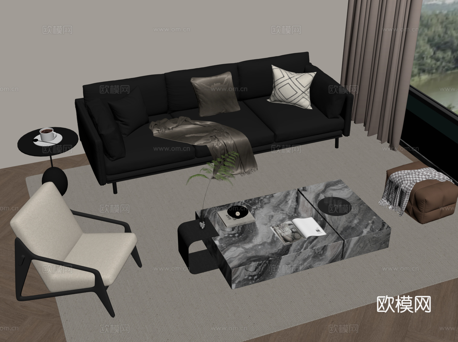 现代意式客厅 沙发茶几组合 边几 休闲椅 皮质沙发su模型