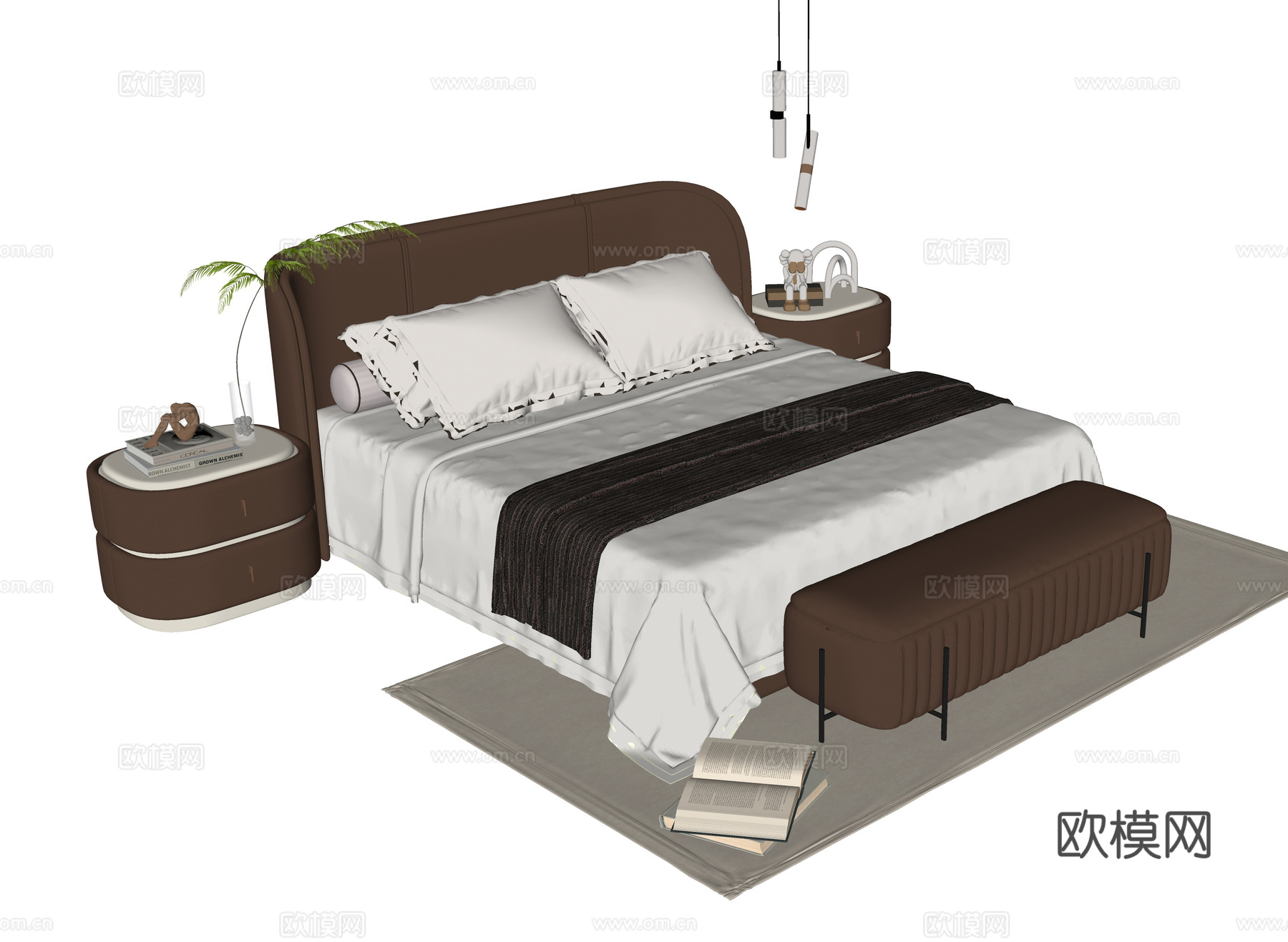 现代双人床 床尾凳 床头柜su模型