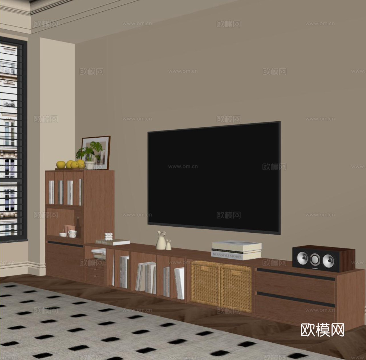 现代电视柜 中古风电视柜 斗柜su模型