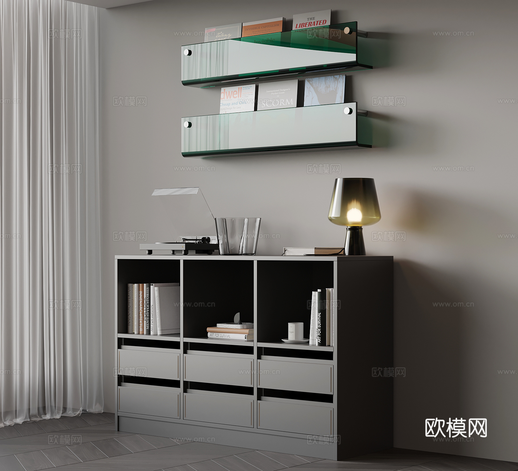 现代意式书柜 置物柜 玻璃书架su模型