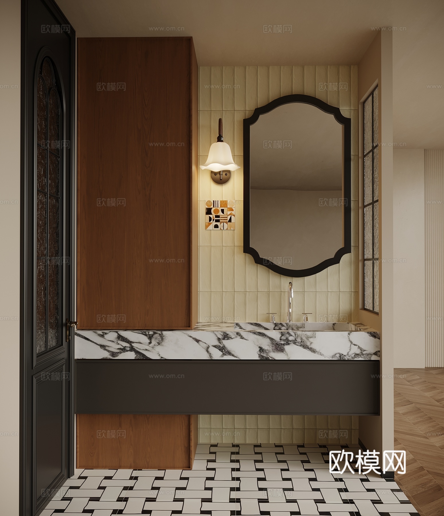 中古风卫生间 干区 浴室柜su模型