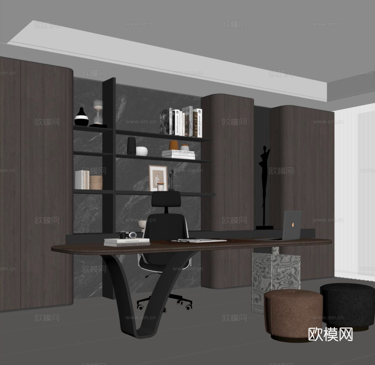 现代书房 书桌椅 书柜su模型