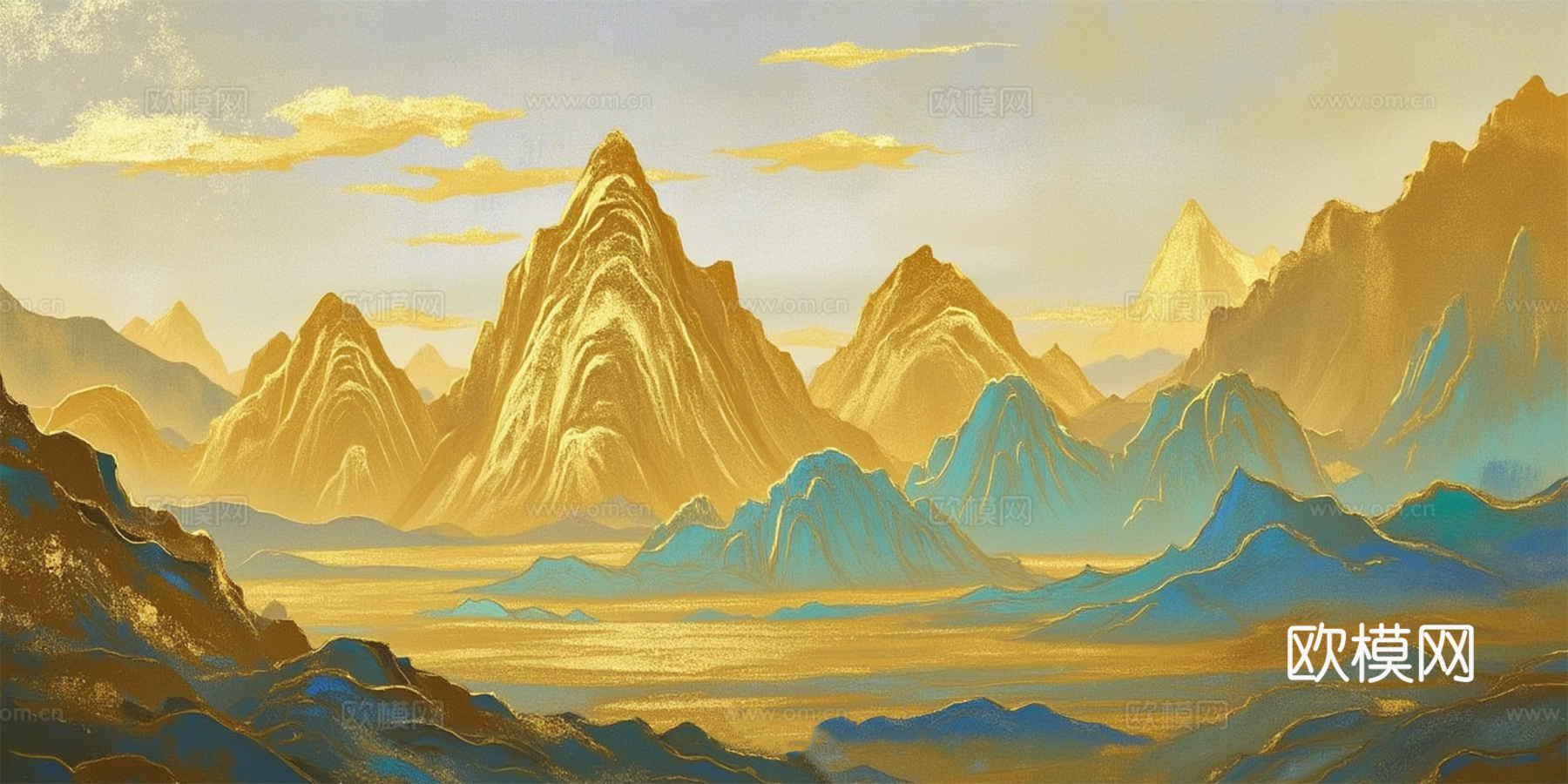 新中式新中式民俗风景装饰画 金色风景画