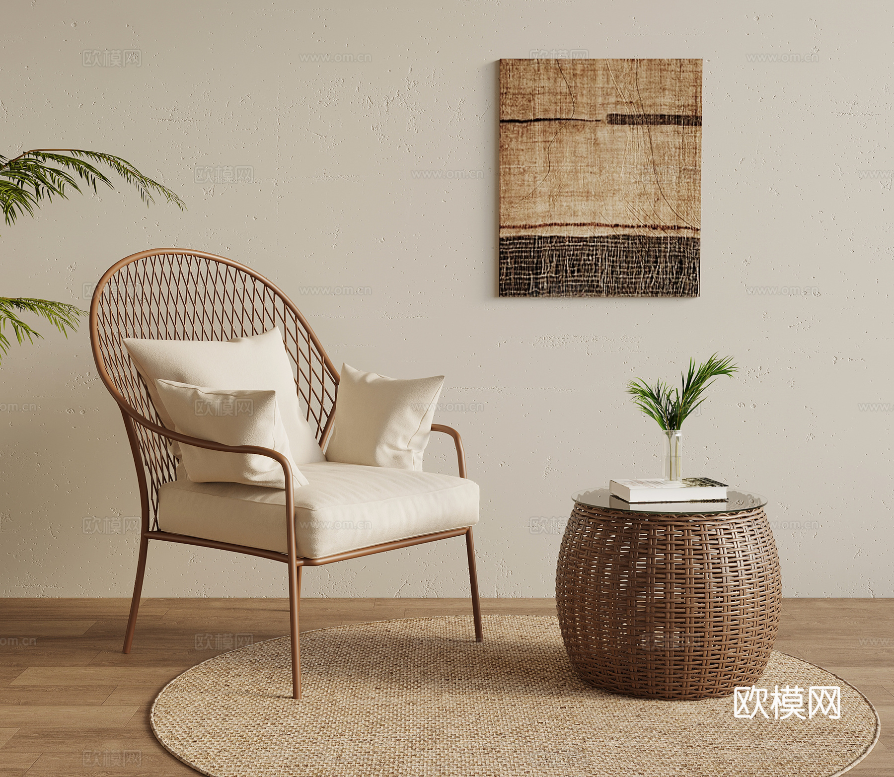 侘寂中古风休闲椅 边几su模型