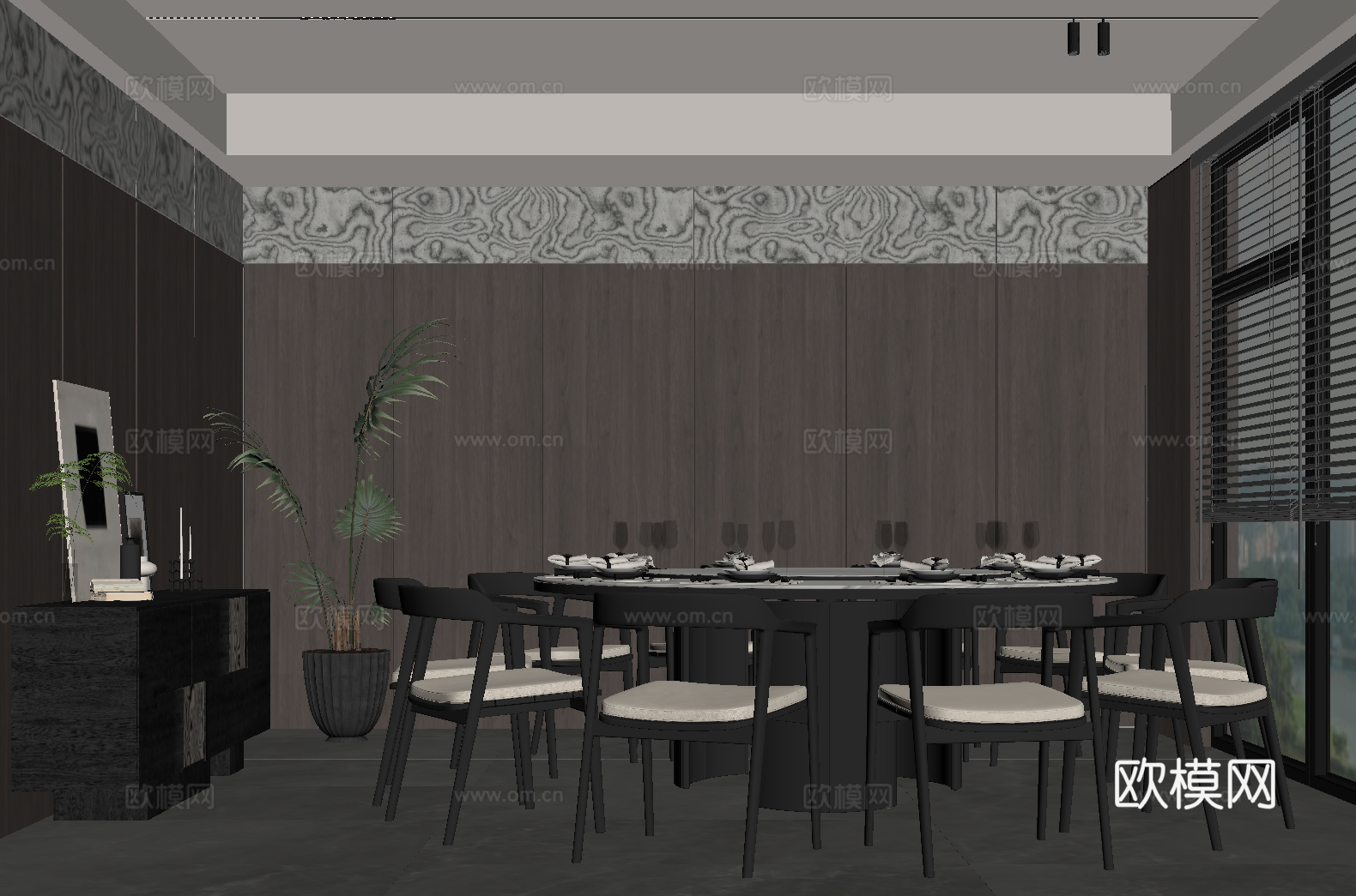 现代意式包间 包房 餐桌椅 边柜su模型su模型