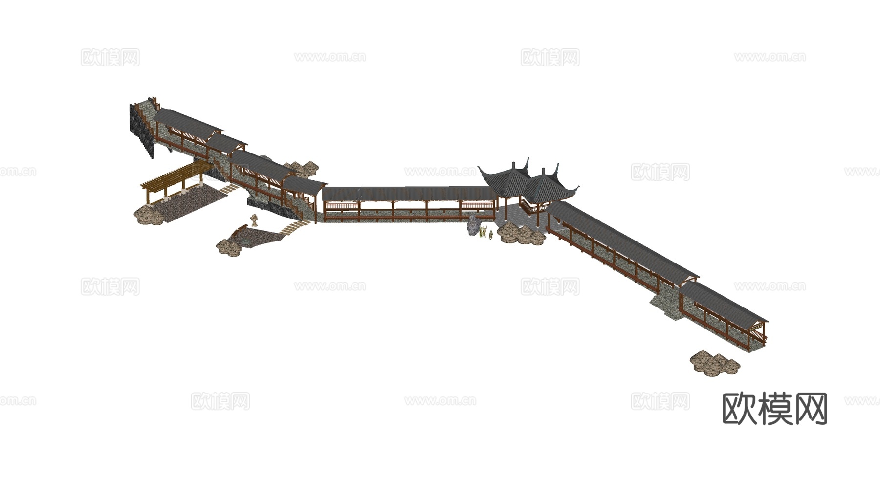 中式古建长廊 木结构 飞檐翘角 庭院连廊su模型