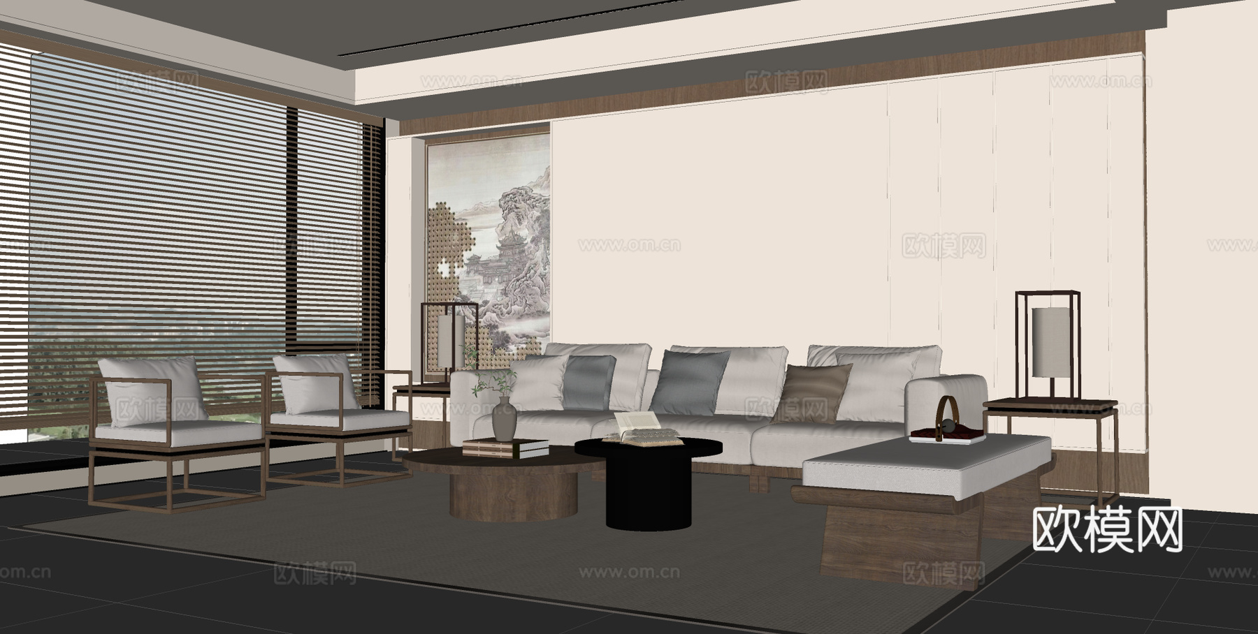 宋式禅意客厅 沙发茶几组合 沙发背景墙su模型