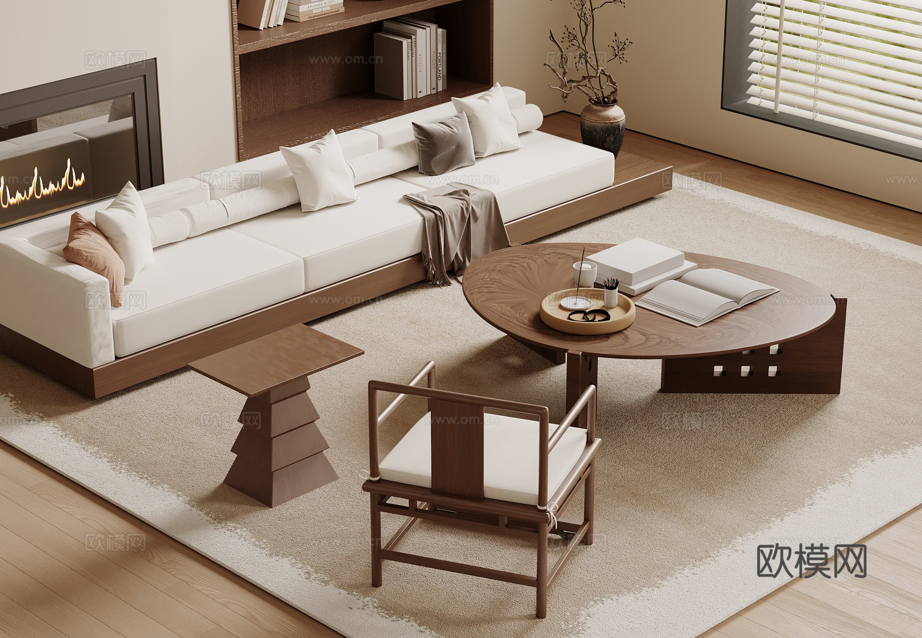 新中式沙发 新中式沙发 多人沙发 直排沙发 沙发茶几组合su模型下载（渲染图1）