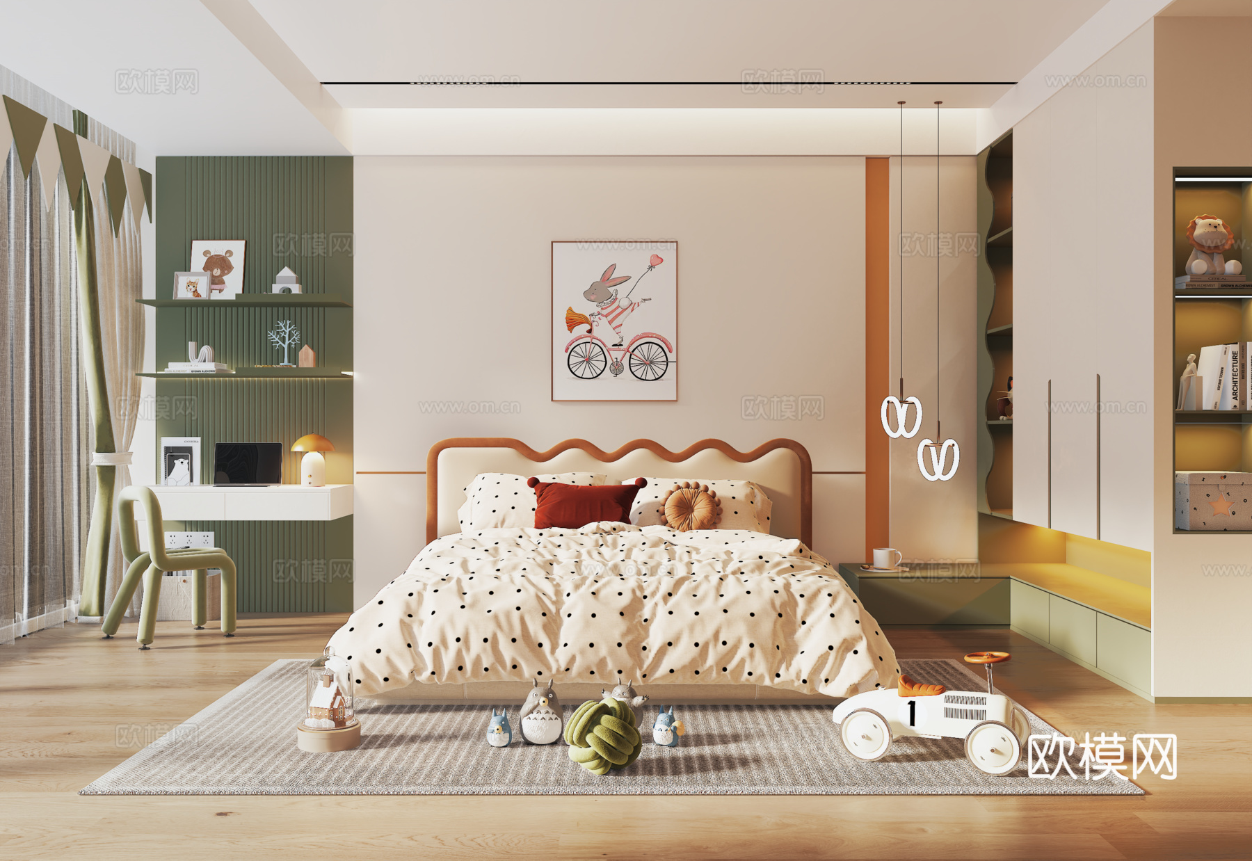 现代通用儿童房 床头背景墙 儿童衣柜 儿童床 儿童房窗帘su模型