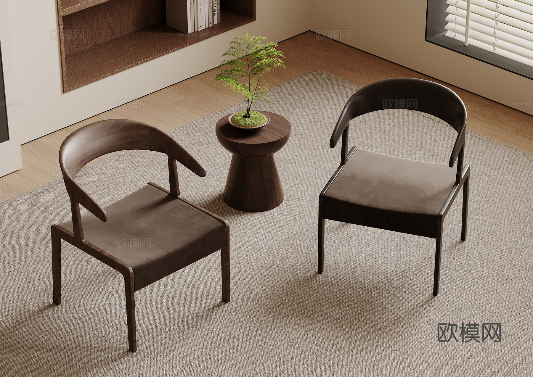 新中式休闲椅 单人椅 木制餐椅 圆形茶几su模型