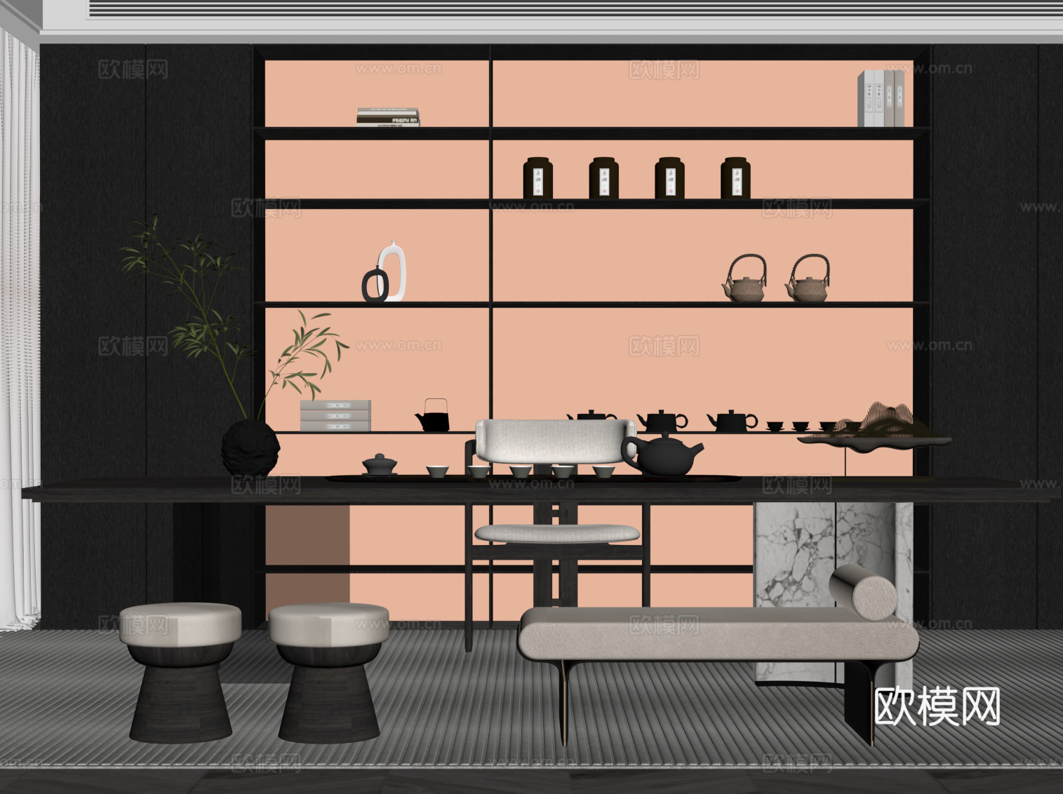 意式茶室 茶桌椅 茶柜su模型