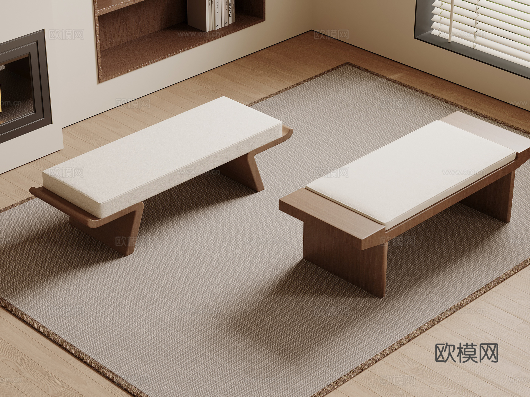 新中式床尾塌 长沙发凳 换鞋凳su模型