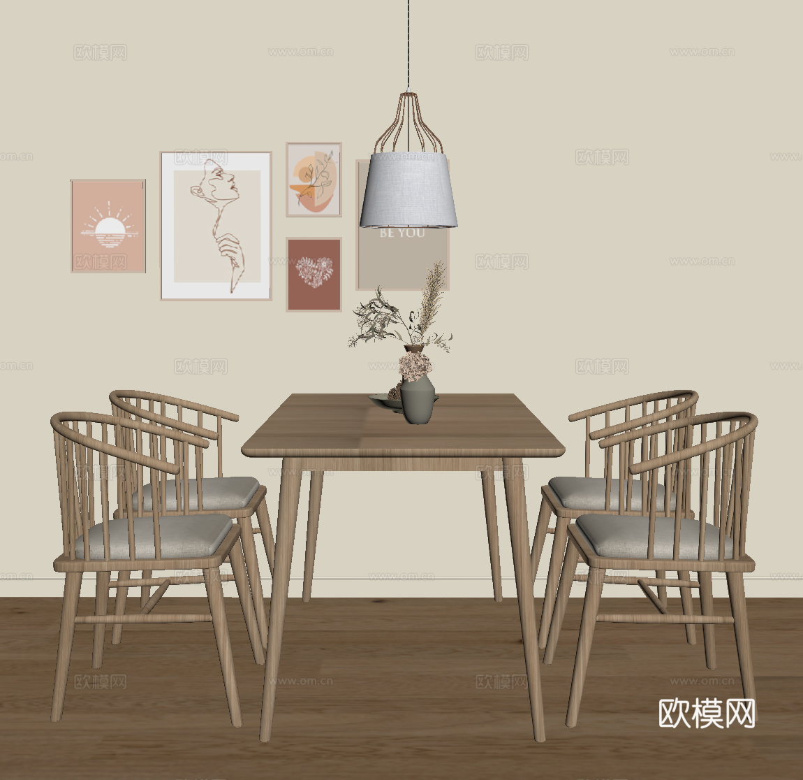 现代原木餐桌su模型