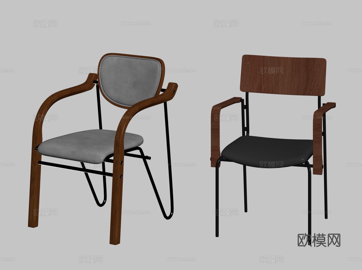 复古餐椅 中古不锈钢单椅 写字椅 藤编椅su模型