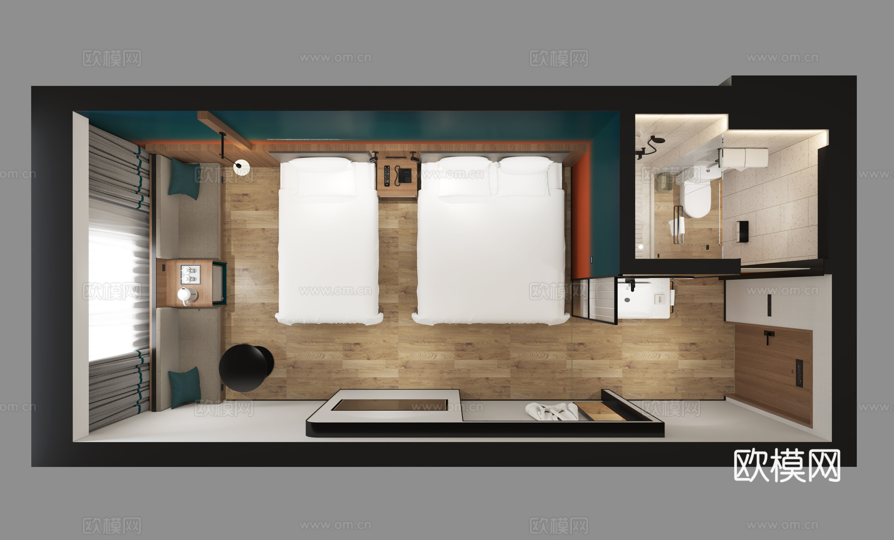 酒店客房家庭房双床房两人间三人间宿舍你好酒店3d模型下载（渲染图2）