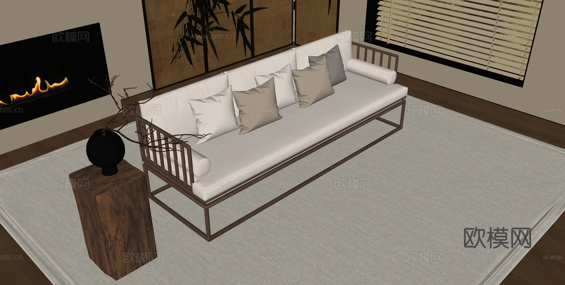 新中式罗汉床 多人沙发 木制沙发 布艺沙发su模型