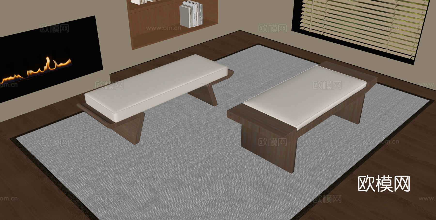 新中式床尾塌 长沙发凳 换鞋凳su模型