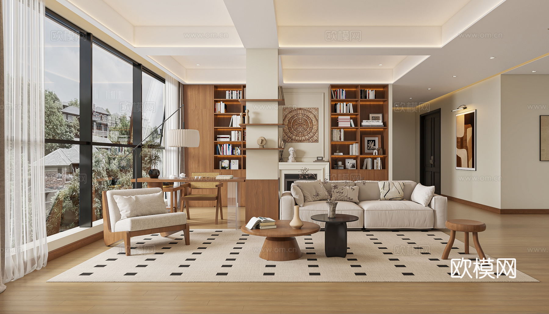 中古风简约客餐厅3d模型下载（渲染图1）