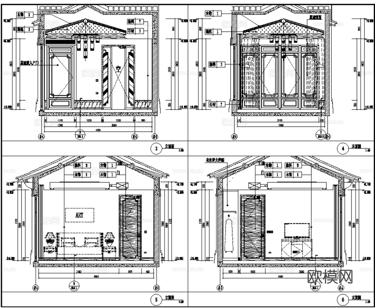 10套新中式中式古典轻奢住宅样板间别墅平层CAD施工图效果图cad施工图