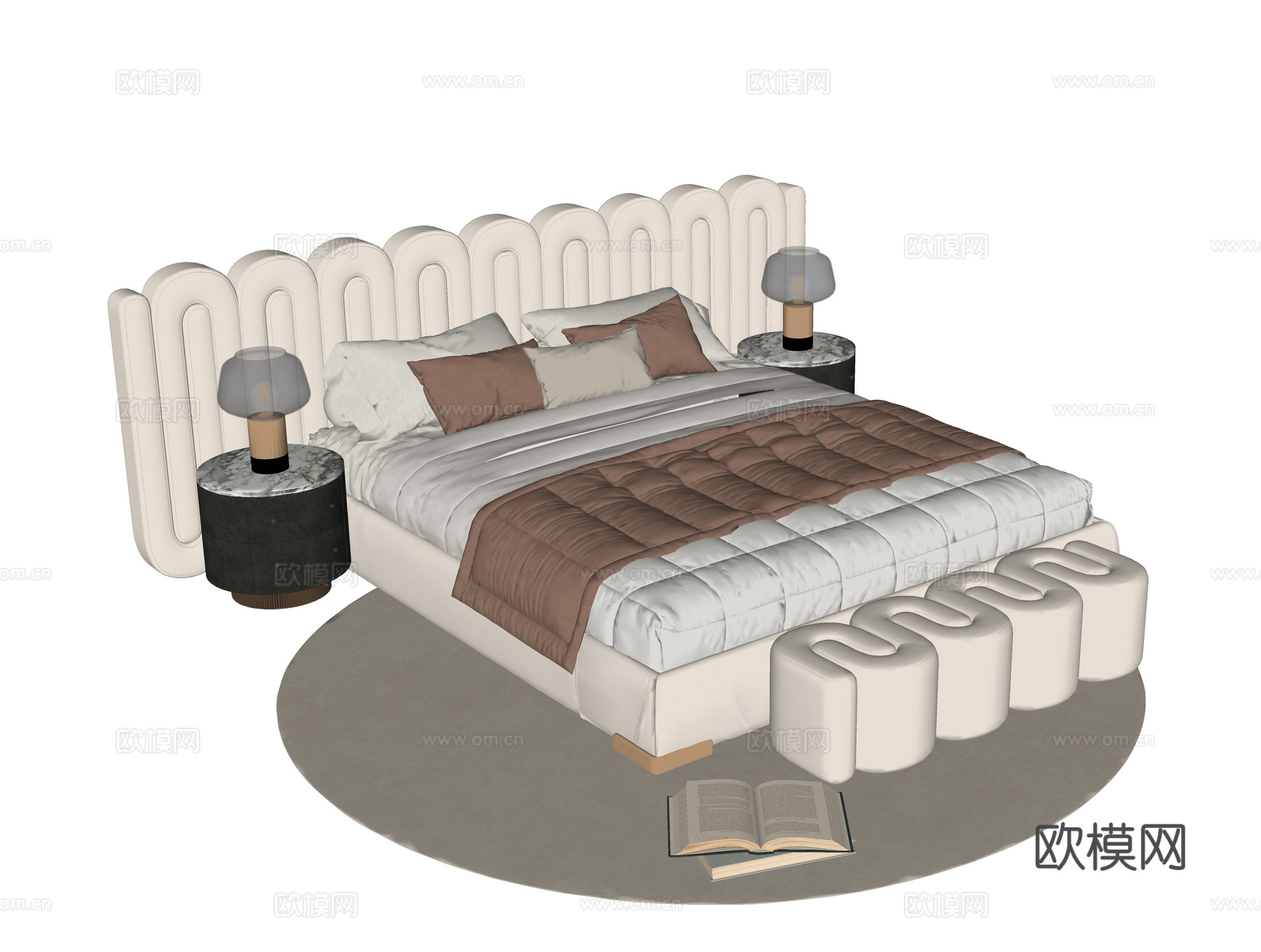 现代双人床 床头柜 床尾凳su模型