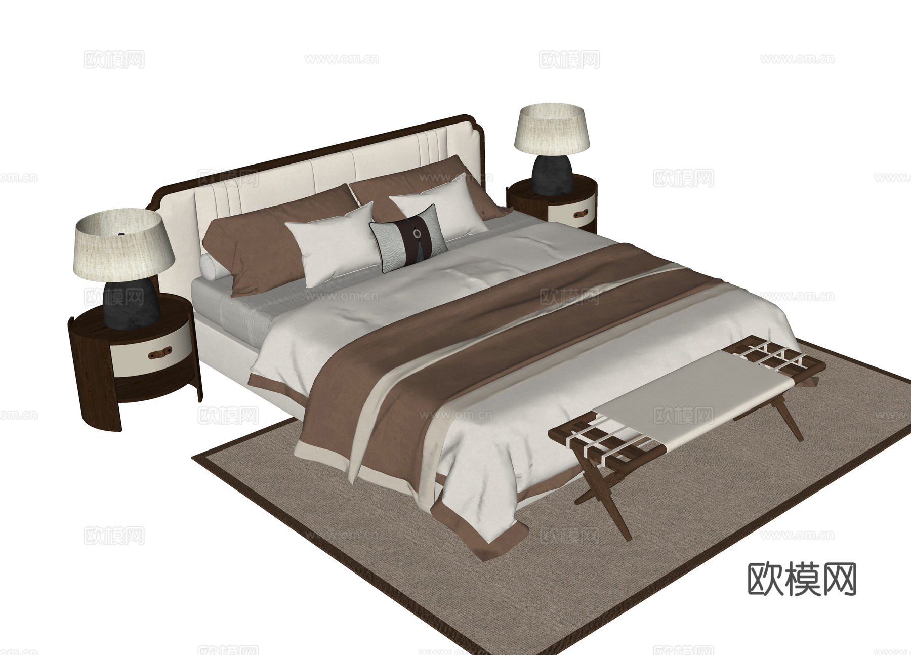 现代双人床 床尾凳 床头柜su模型