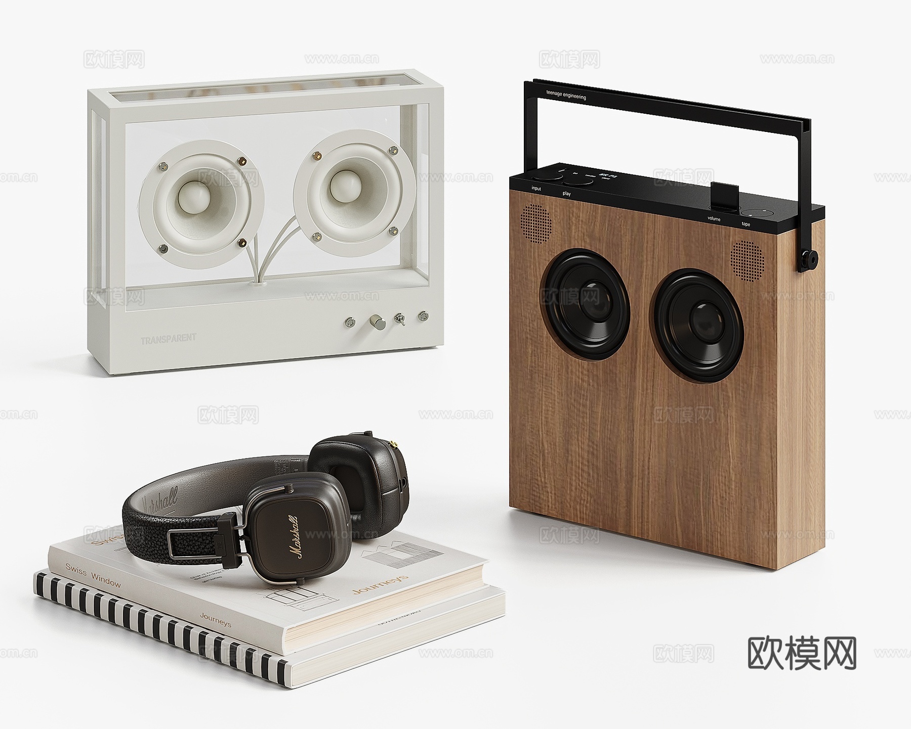 现代音响耳机组合 书籍 摆件 数码设备 透明音响su模型