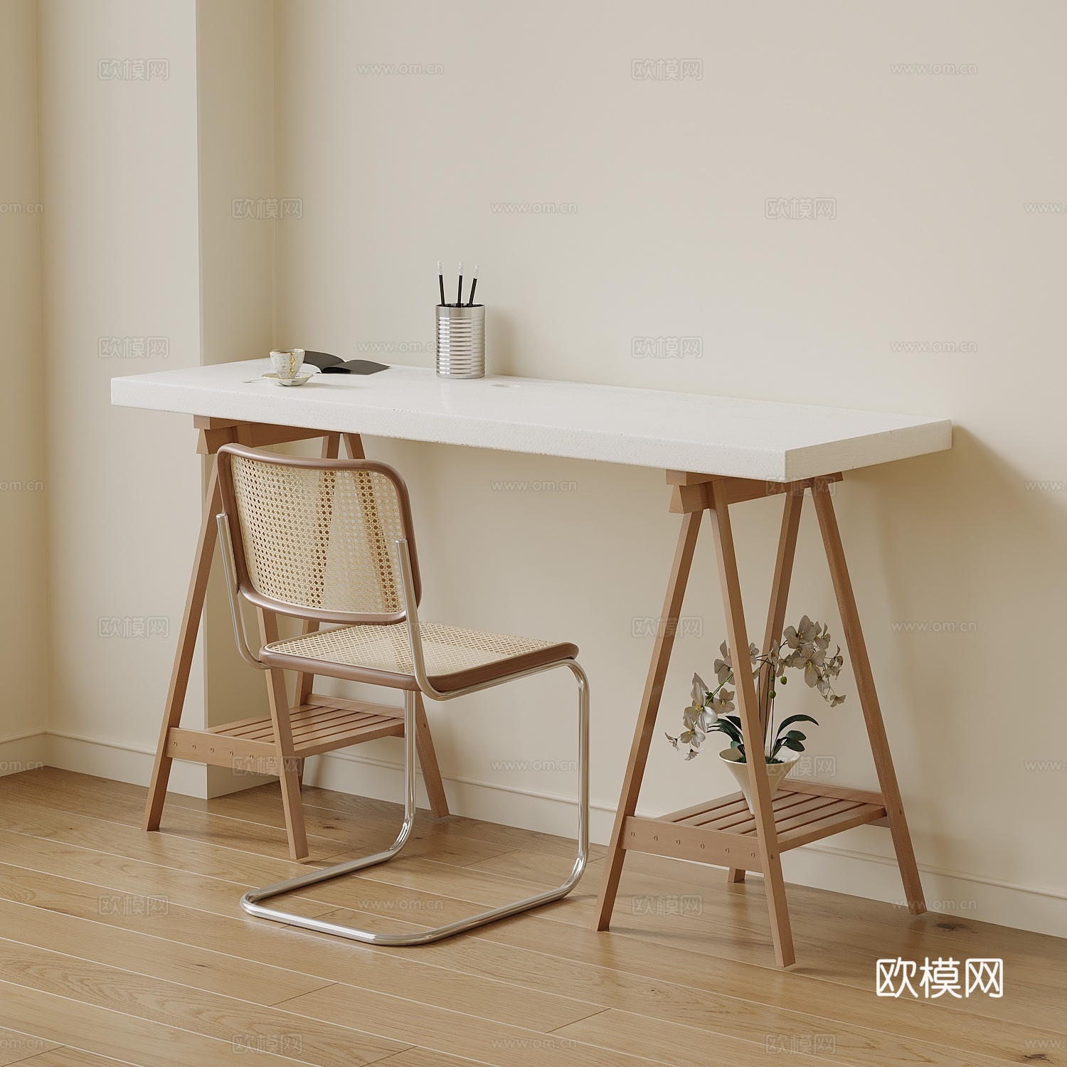 现代奶油风书桌椅su模型