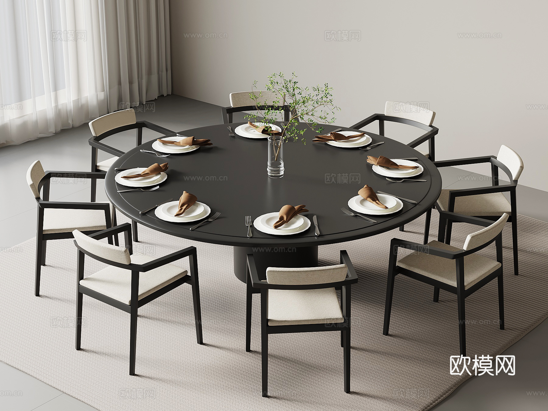 现代意式餐桌椅 圆桌su模型
