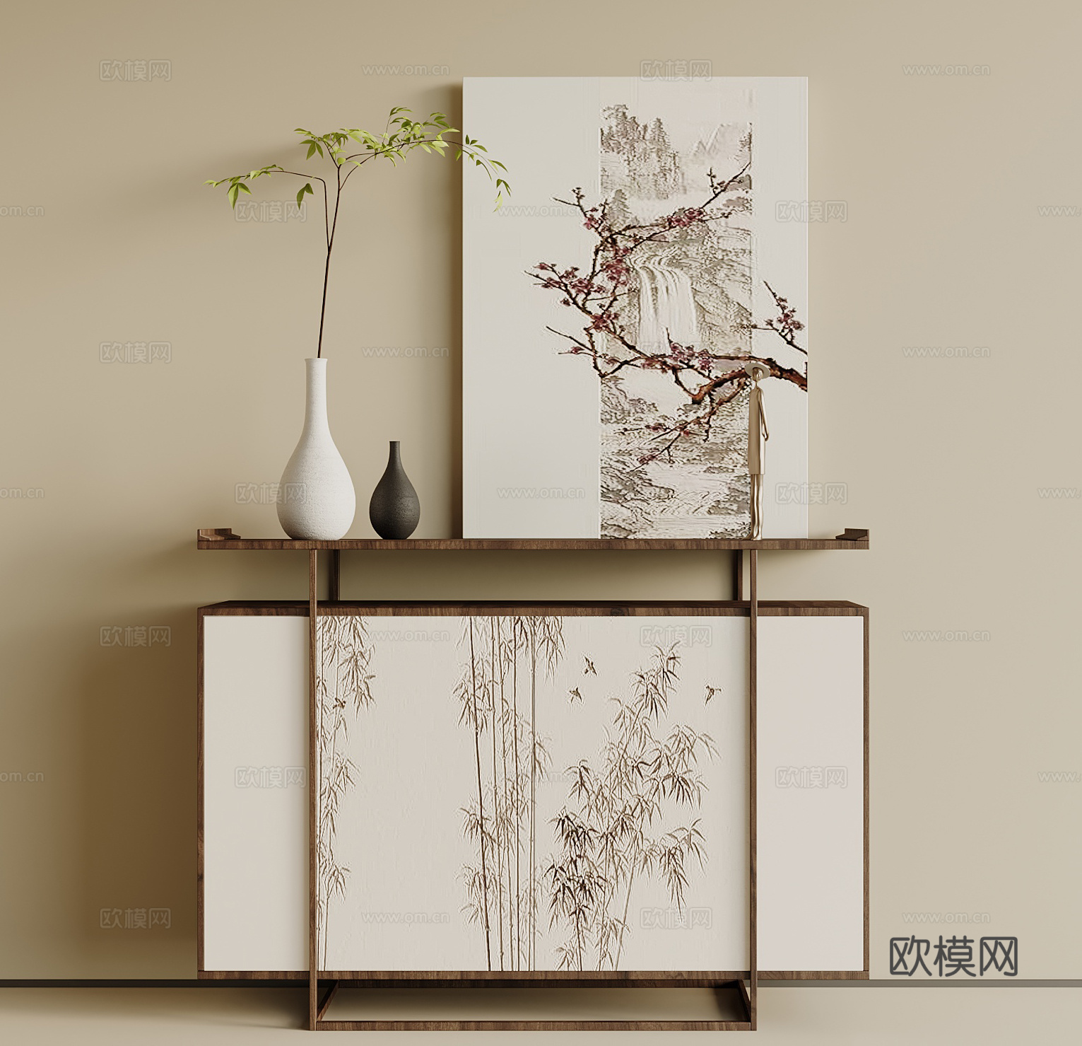 新中式端景柜 玄关端景柜 端景桌 装饰画 摆件su模型