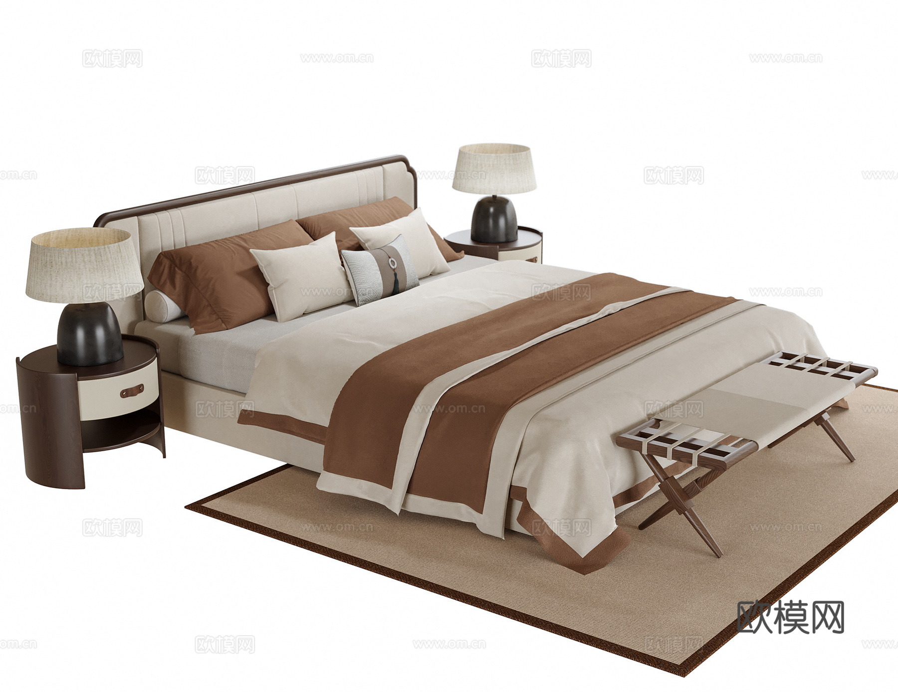 现代双人床 床尾凳 床头柜su模型