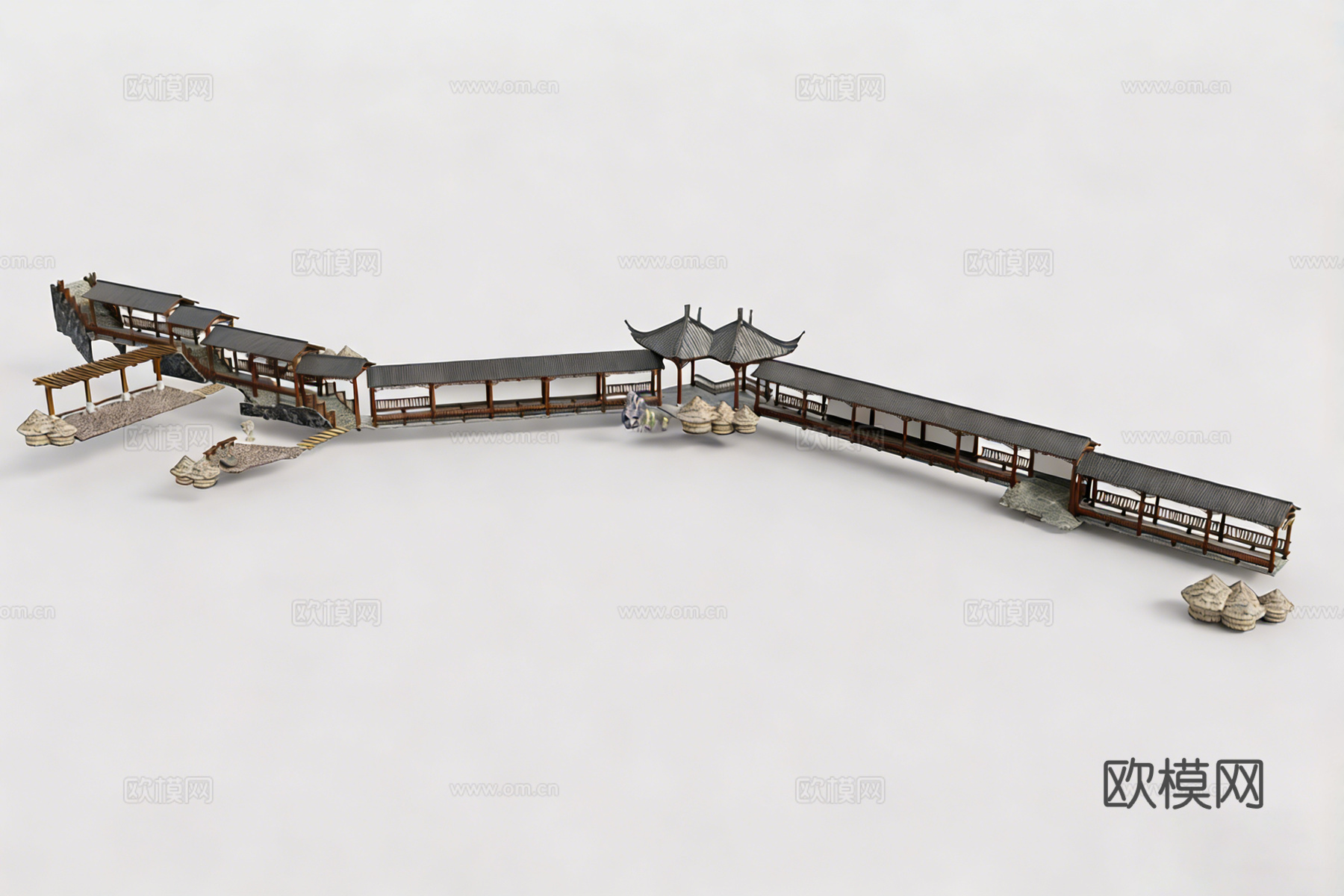 中式古建长廊 木结构 飞檐翘角 庭院连廊su模型