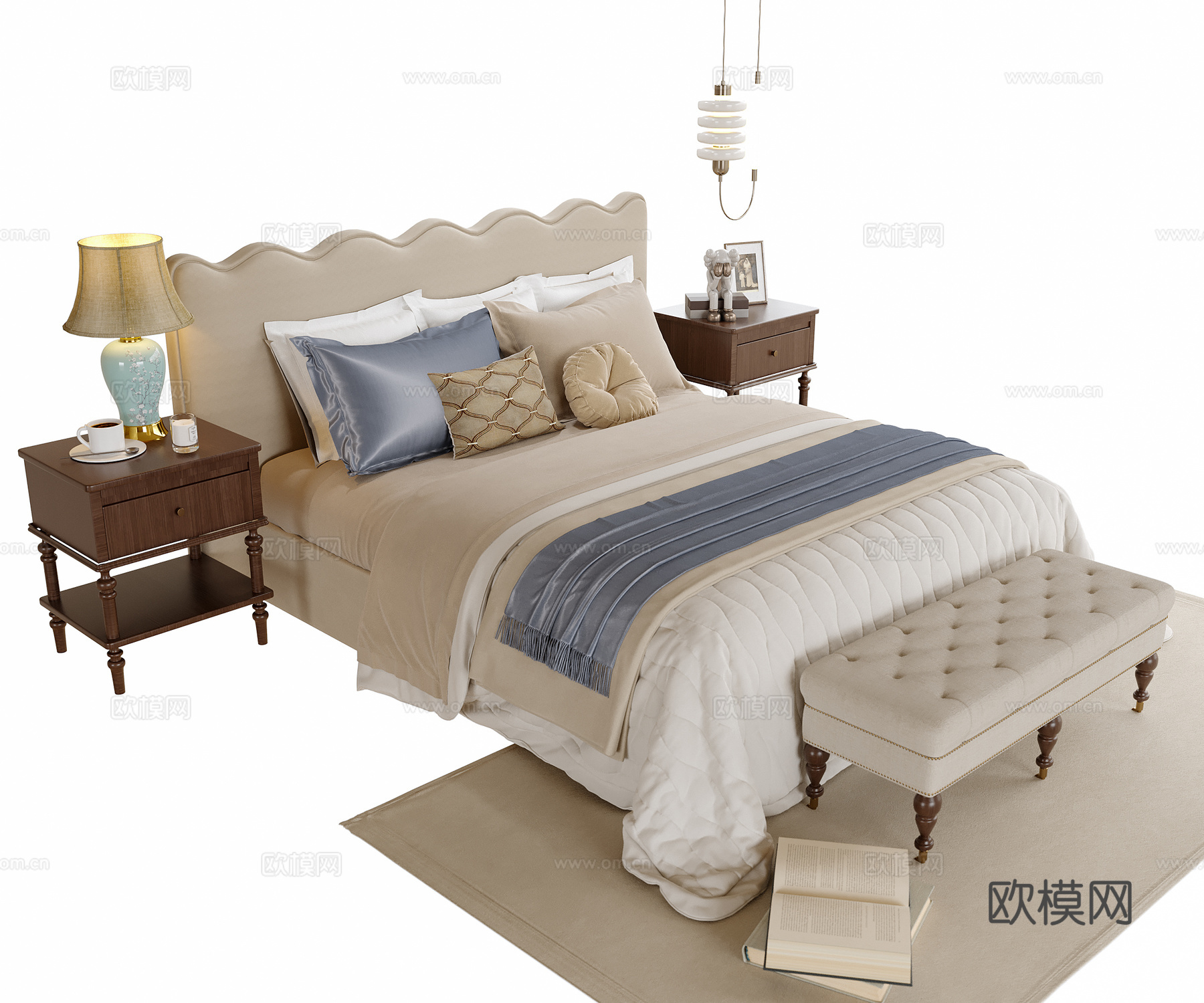 现代双人床 床头柜 床尾凳su模型