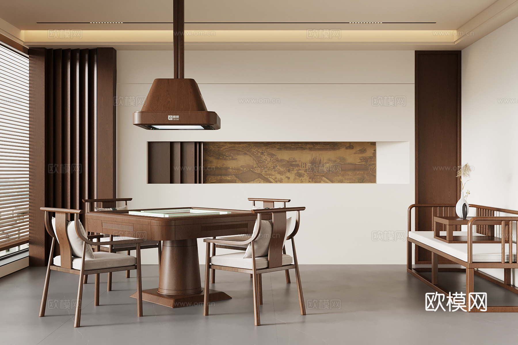 新中式棋牌室 麻将桌 罗汉床su模型