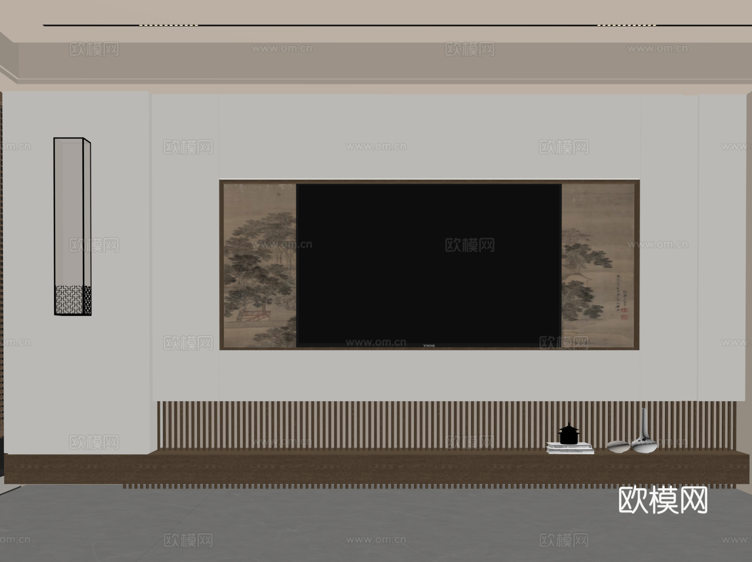 新中式电视背景墙su模型