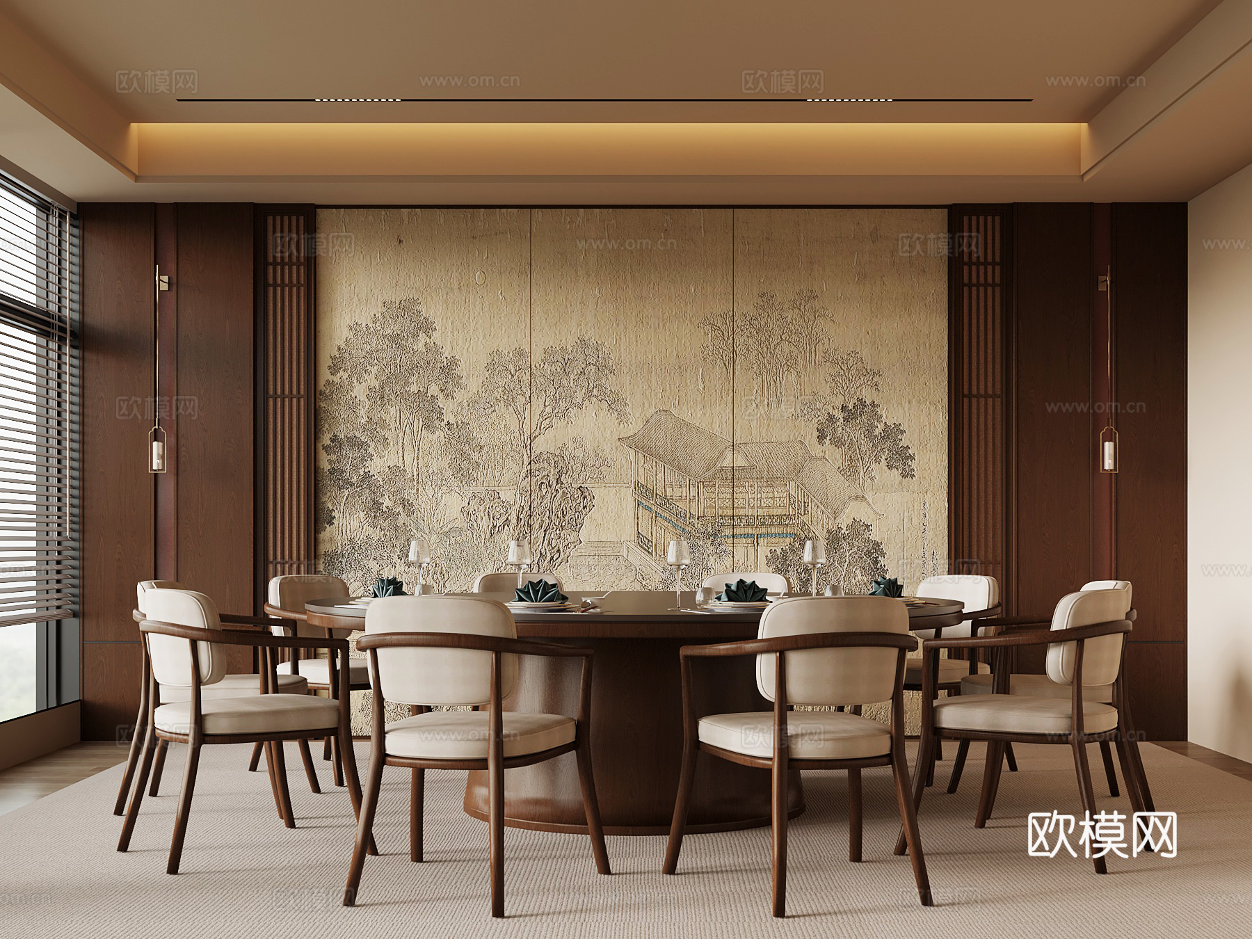 新中式包间 包房 包厢 餐桌椅su模型