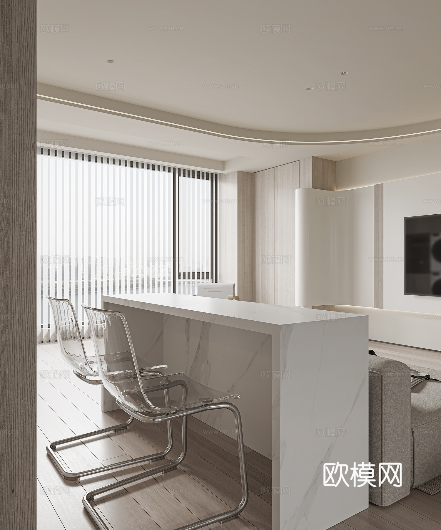 现代奶油风客餐厅3d模型下载（渲染图1）