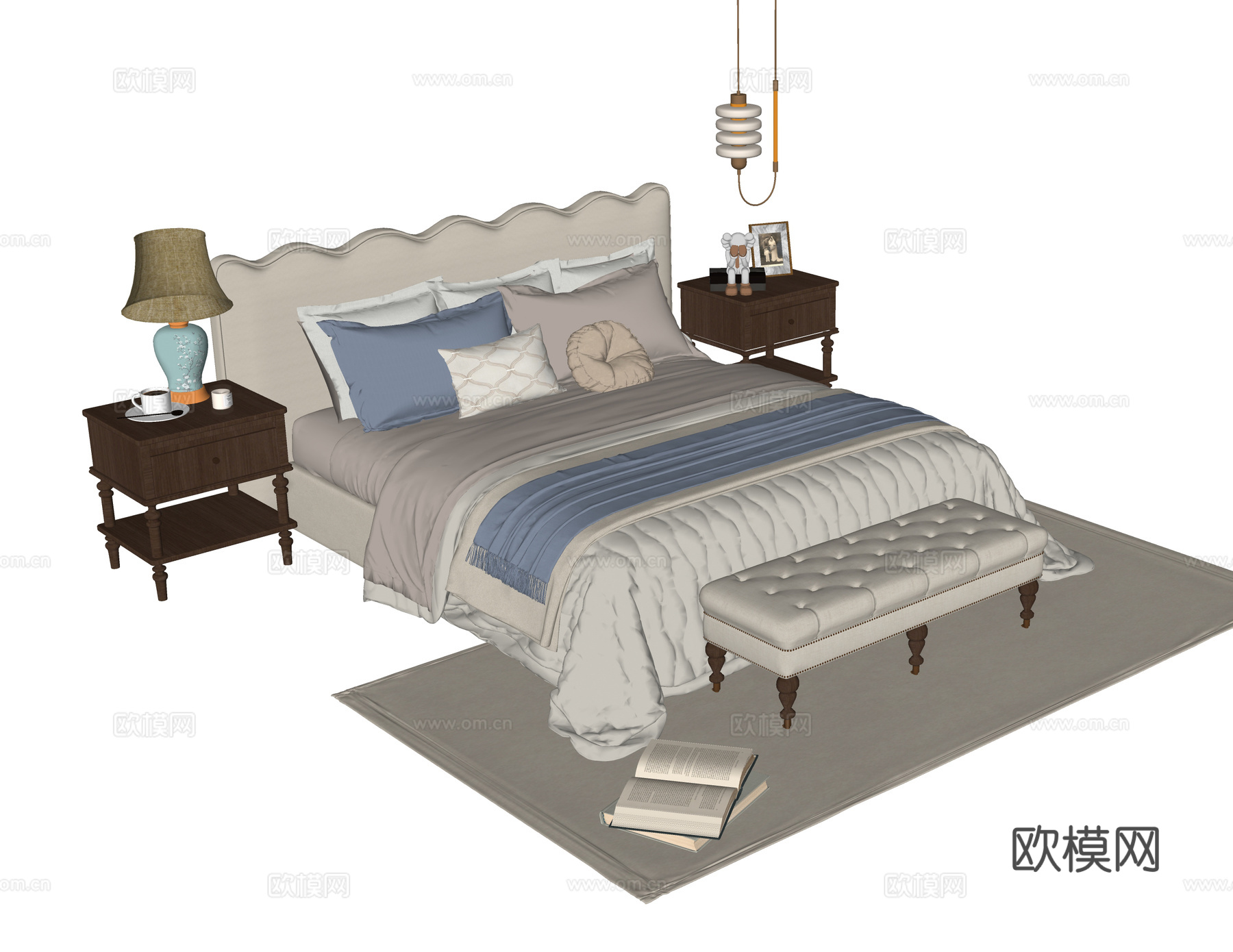 现代双人床 床头柜 床尾凳su模型
