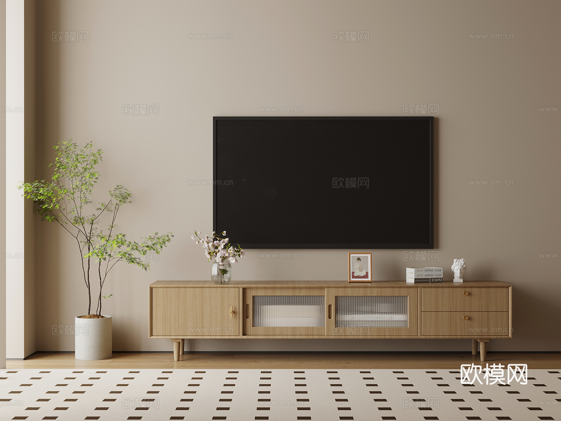 现代原木电视柜su模型