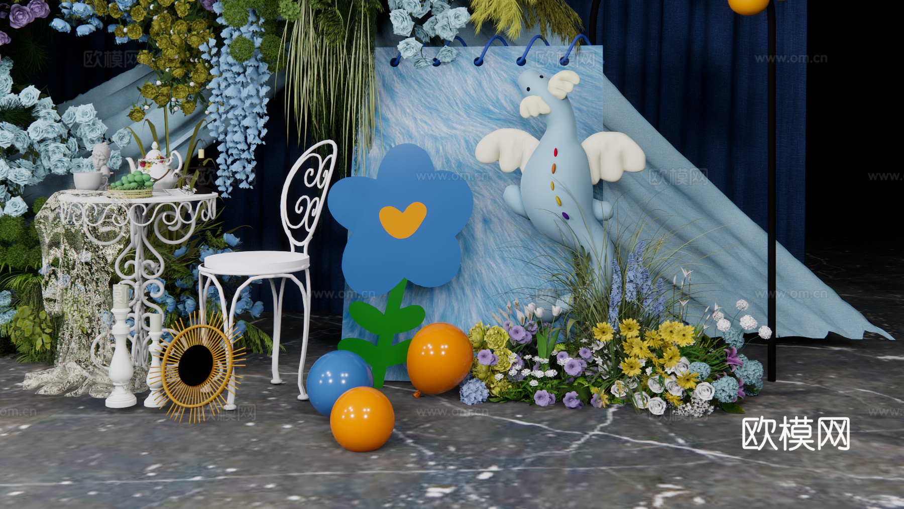 天空龙气球主题宝宝宴婚礼展示美陈su模型