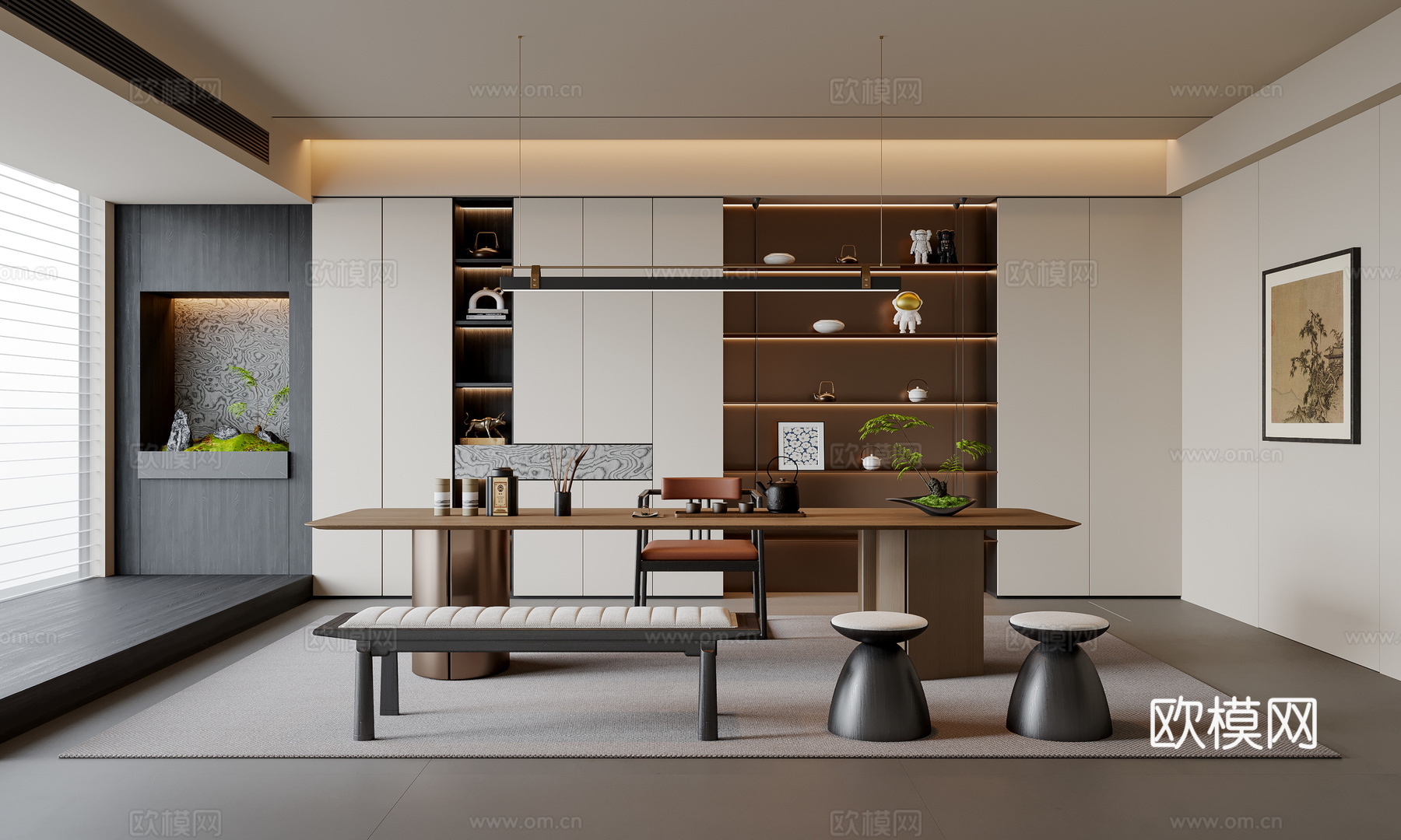 新中式茶室 茶桌椅 茶柜 吊灯 装饰柜 地毯su模型