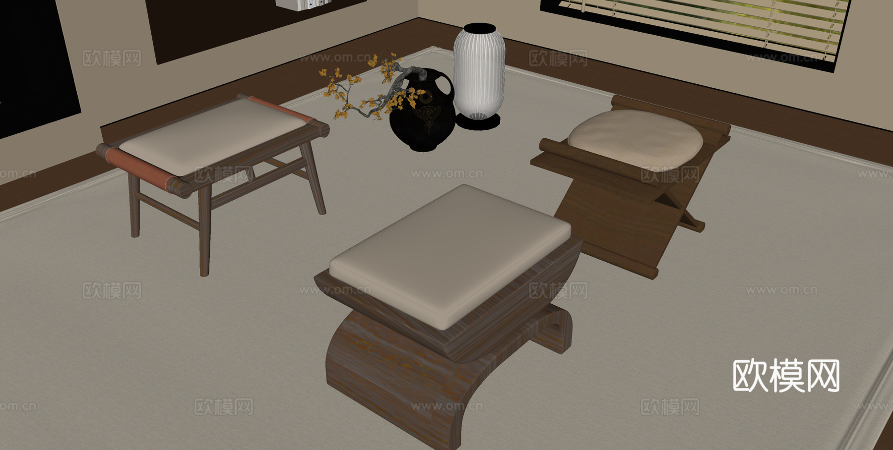 新中式木制凳 凳子 木凳 沙发木凳su模型