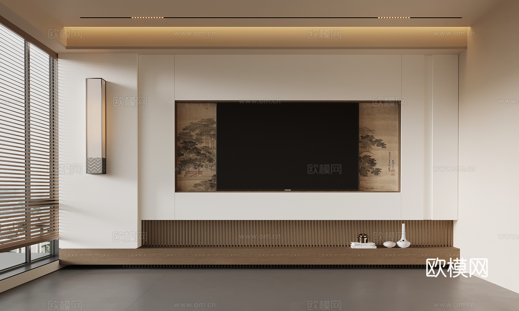 新中式电视背景墙su模型