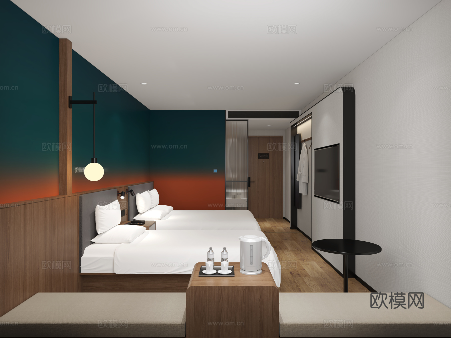酒店客房家庭房双床房两人间三人间宿舍你好酒店3d模型下载（渲染图1）