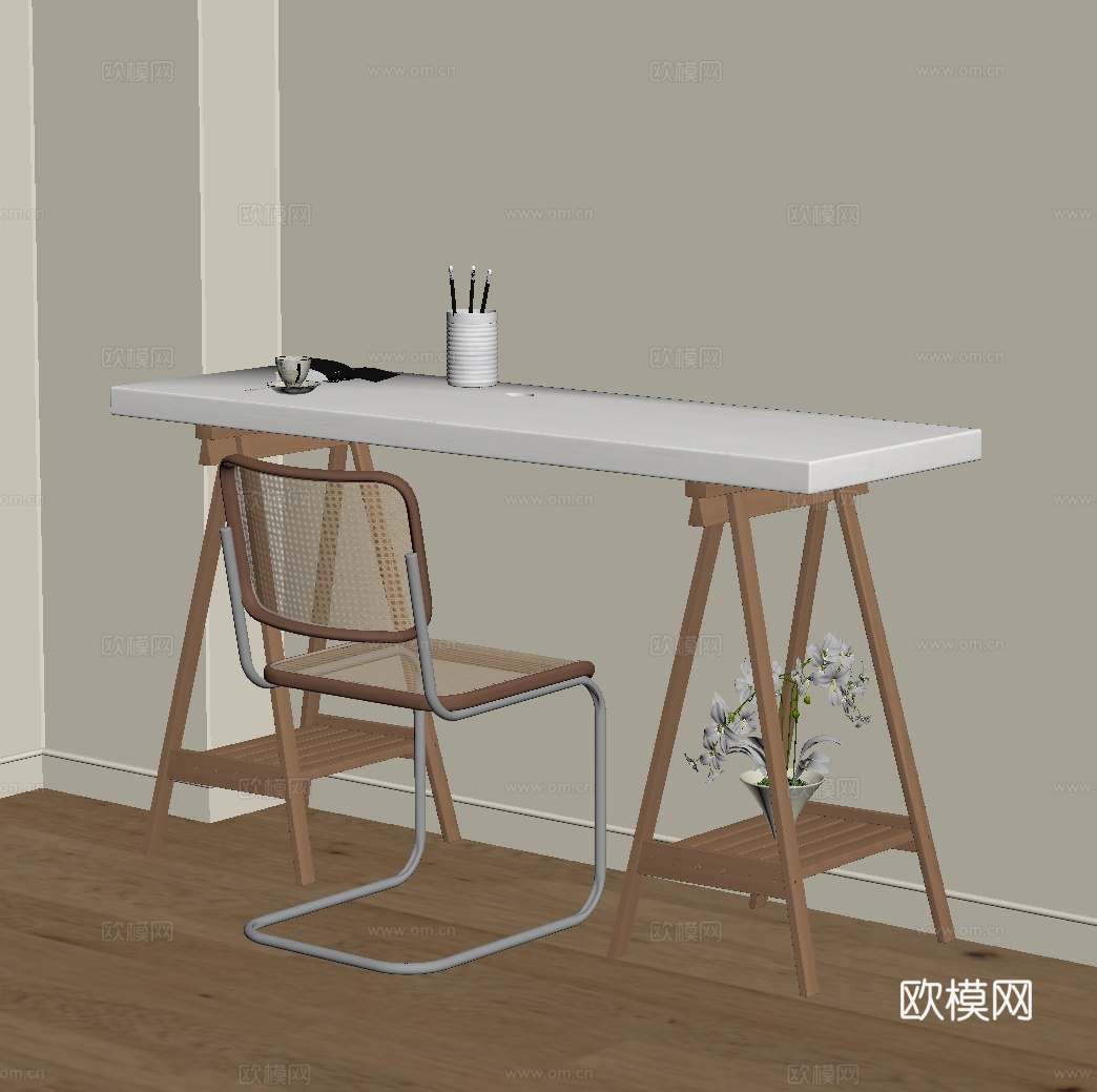 现代奶油风书桌椅su模型