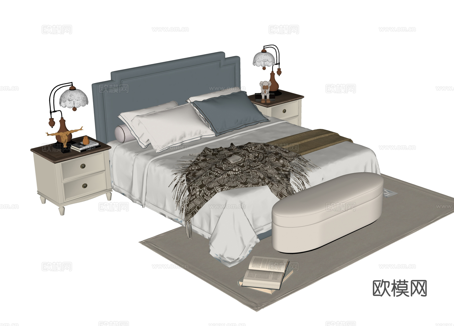 现代双人床 床头柜su模型