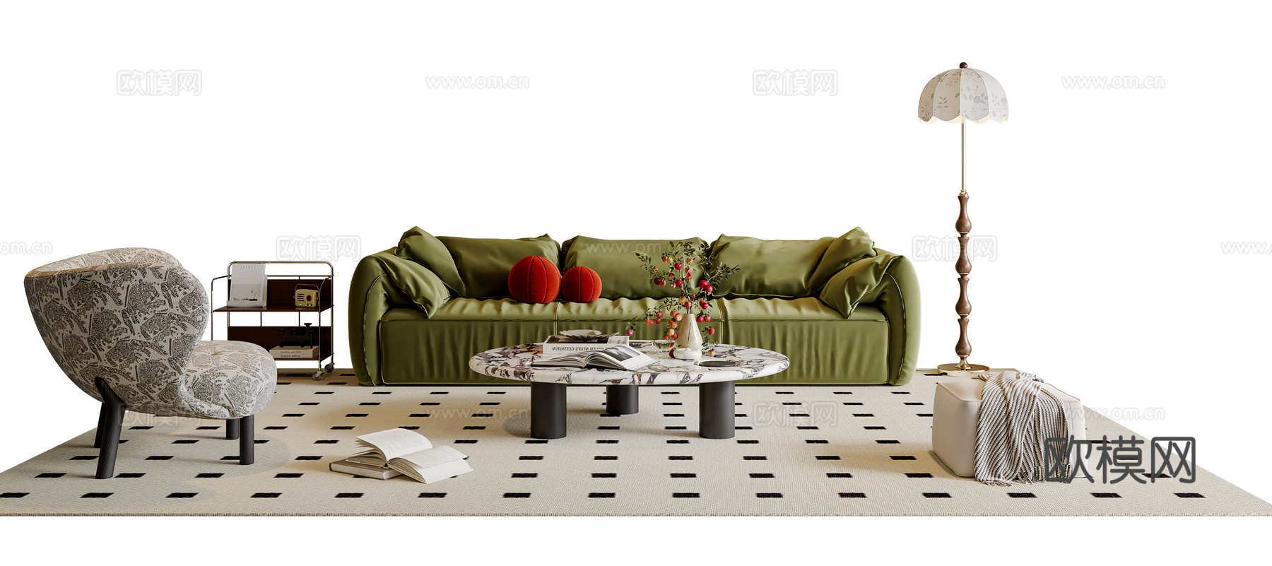 法式沙发茶几组合 三人沙发 休闲椅 落地灯 地毯su模型