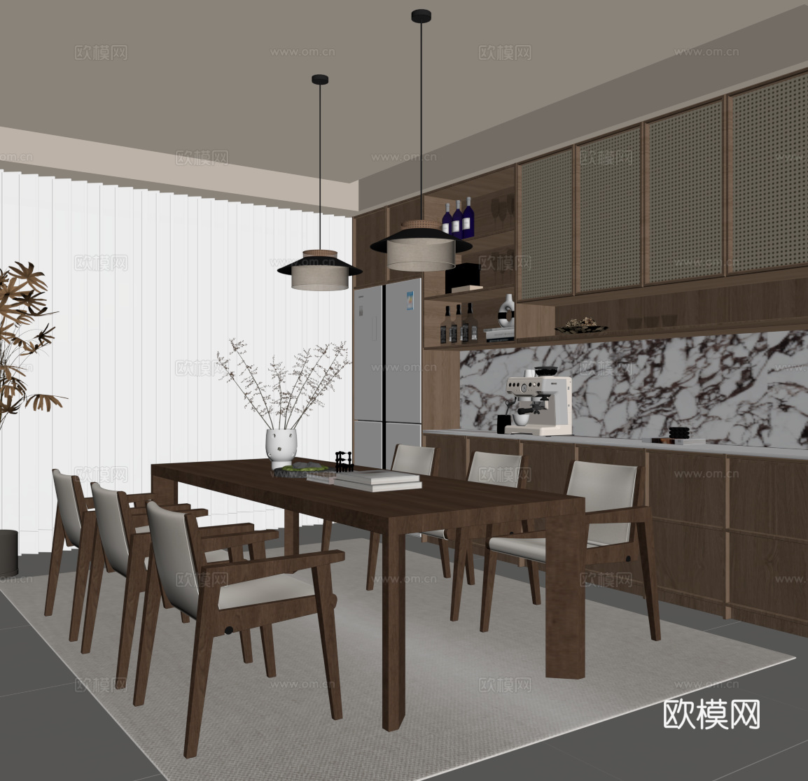 新中式餐厅su模型下载（渲染图2）