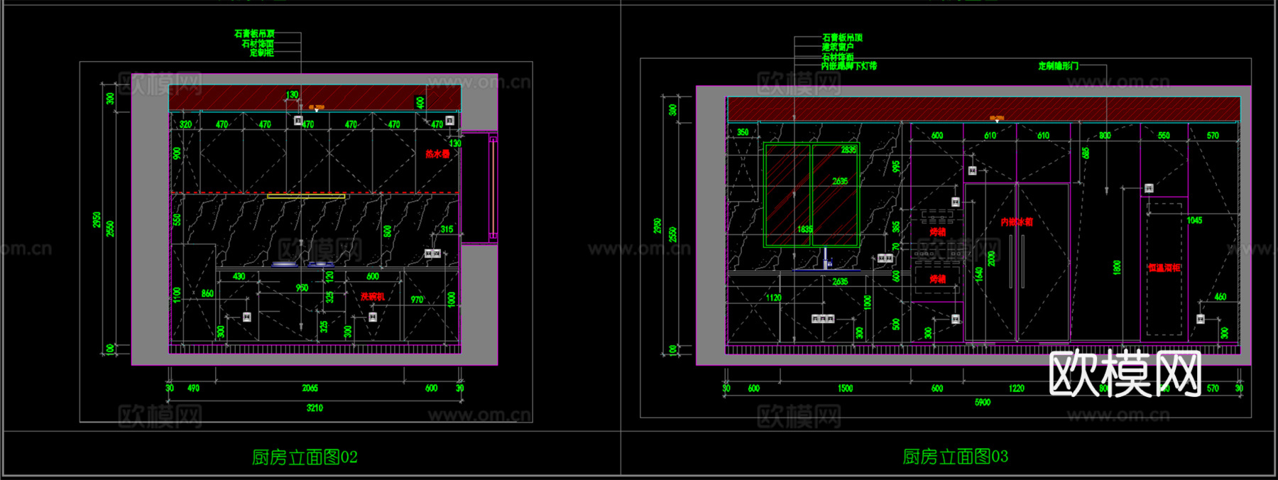 厨房墙面布局 墙面节点 厨房平立面图  现代厨房cad施工图