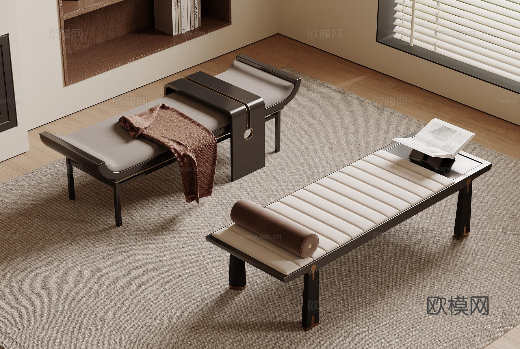 新中式床尾塌 长沙发凳 换鞋凳3d模型下载