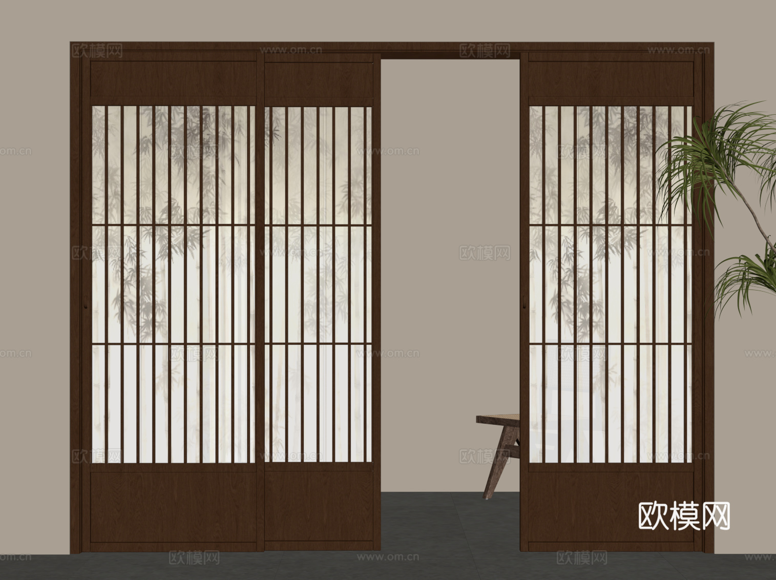 新中式推拉门su模型下载（渲染图2）